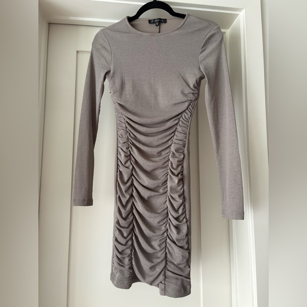 Dynamite Long Sleeve Gray Ruched Dress